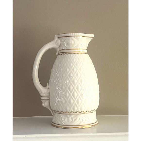 Vintage Ivory, Gold Trim, Porcelain Tall Creamer / Pitcher, Diamond Textured - Picture 3 of 13